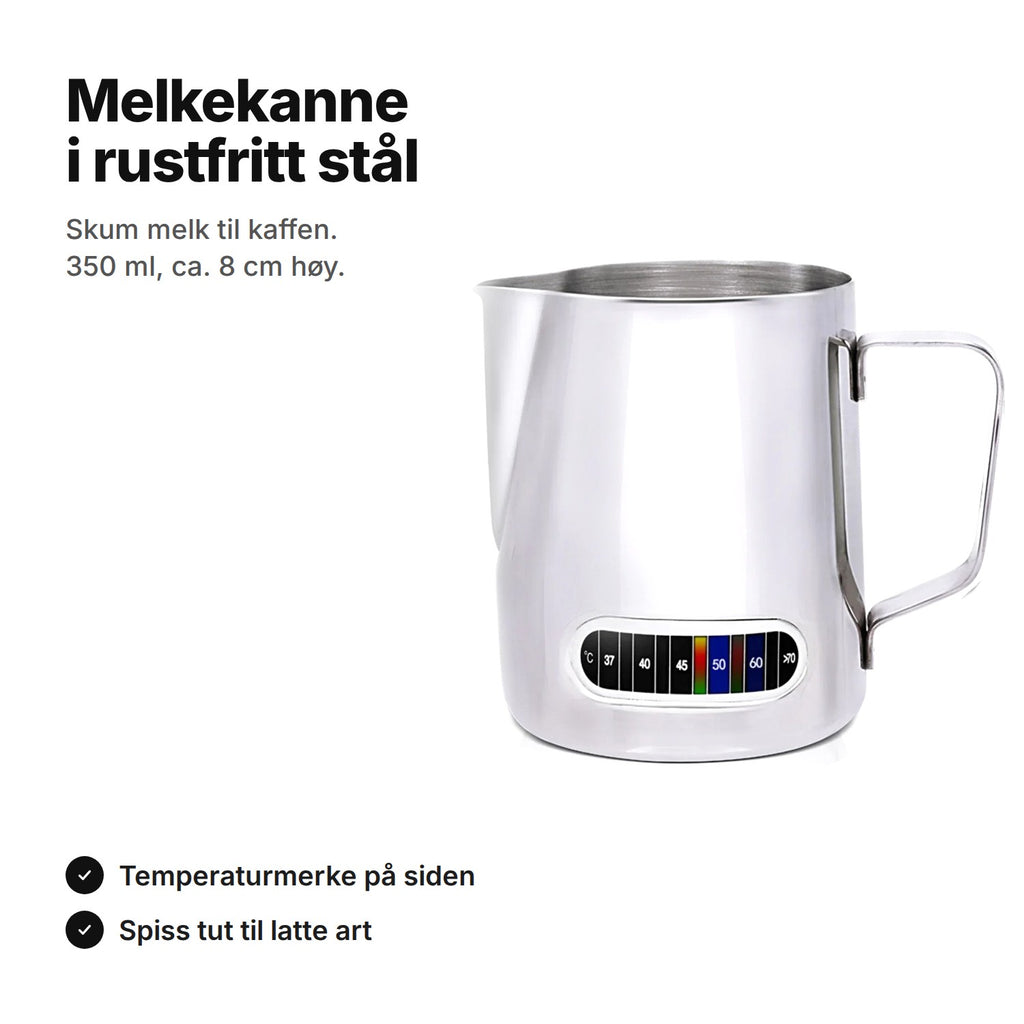 Melkekanne i rustfritt stål, 350 ml, med temperaturmerke og spiss tut