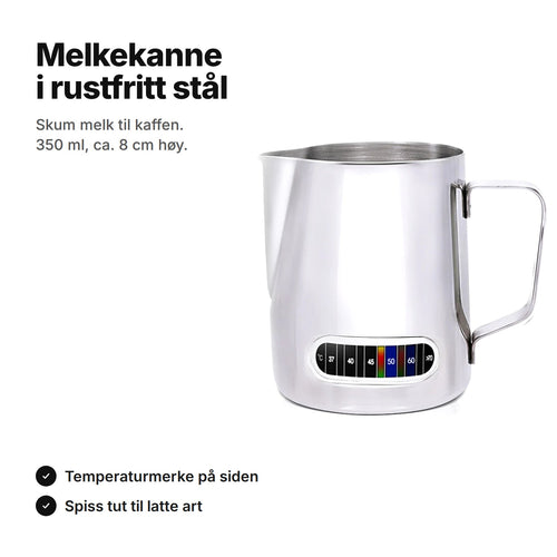 Melkekanne i rustfritt stål, 350 ml, med temperaturmerke og spiss tut