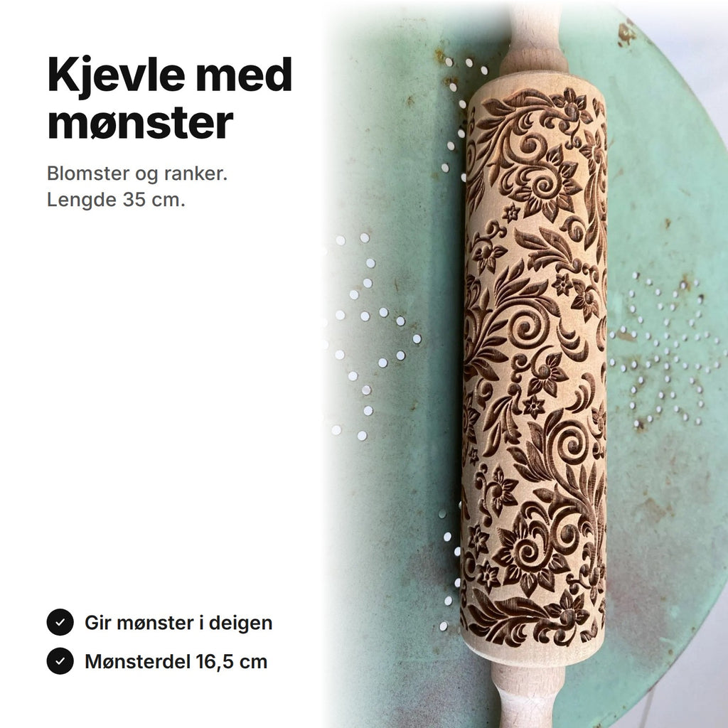 Kjevle med mønster i tre, blomster og ranker, lengde 35 cm