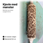 Kjevle med mønster i tre, blomster og ranker, lengde 35 cm