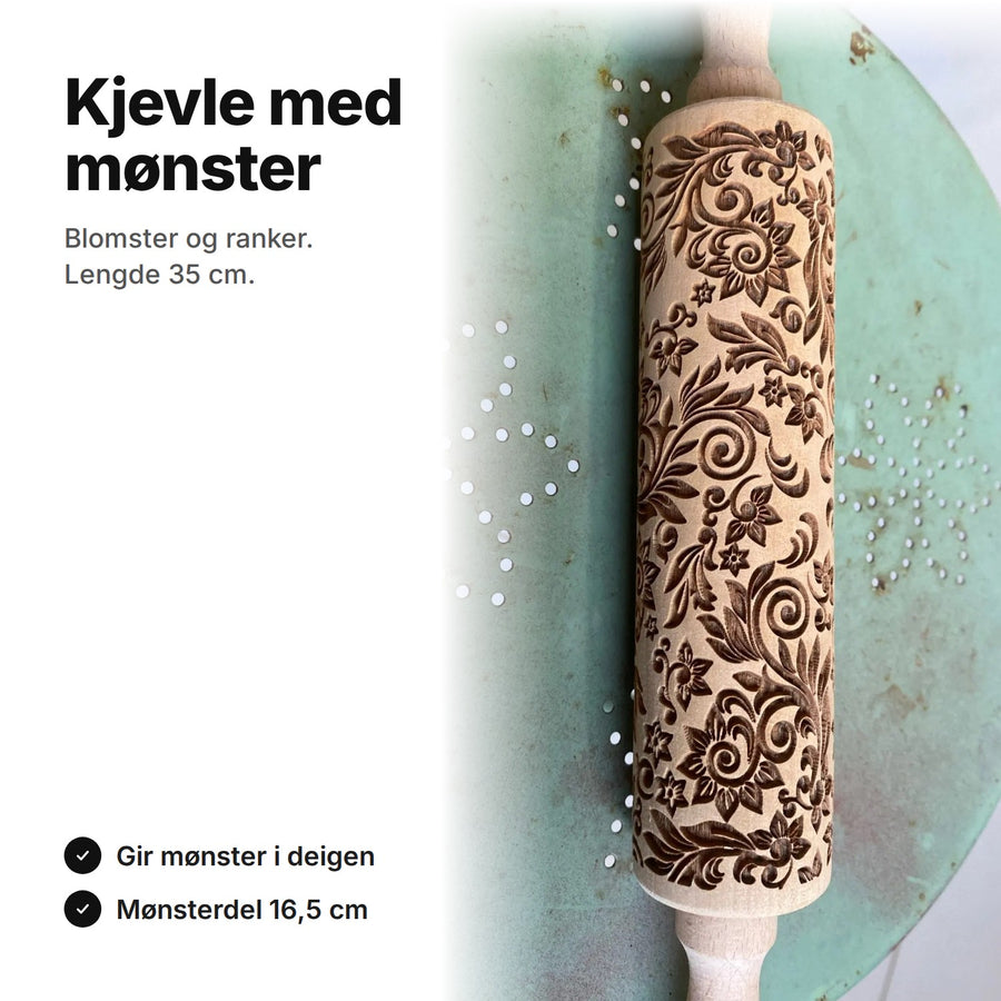 Kjevle med mønster i tre, blomster og ranker, lengde 35 cm