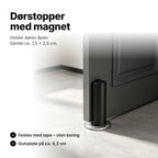 Svart magnetisk dørstopper nederst på en dør – dørdel ca. 7,5 × 2,5 cm, festes uten boring