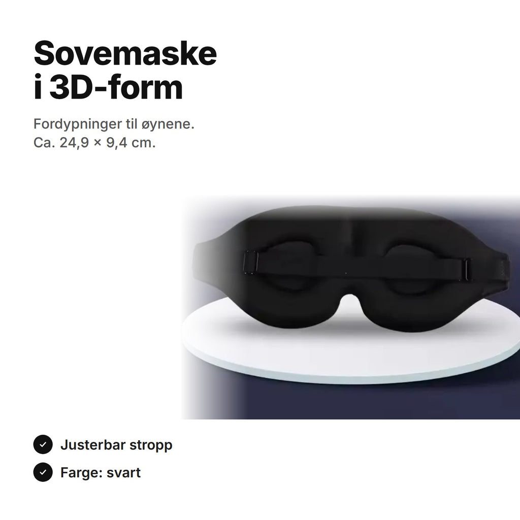 Sovemaske i 3D-form, svart, fordypninger til øynene, ca. 24,9 × 9,4 cm