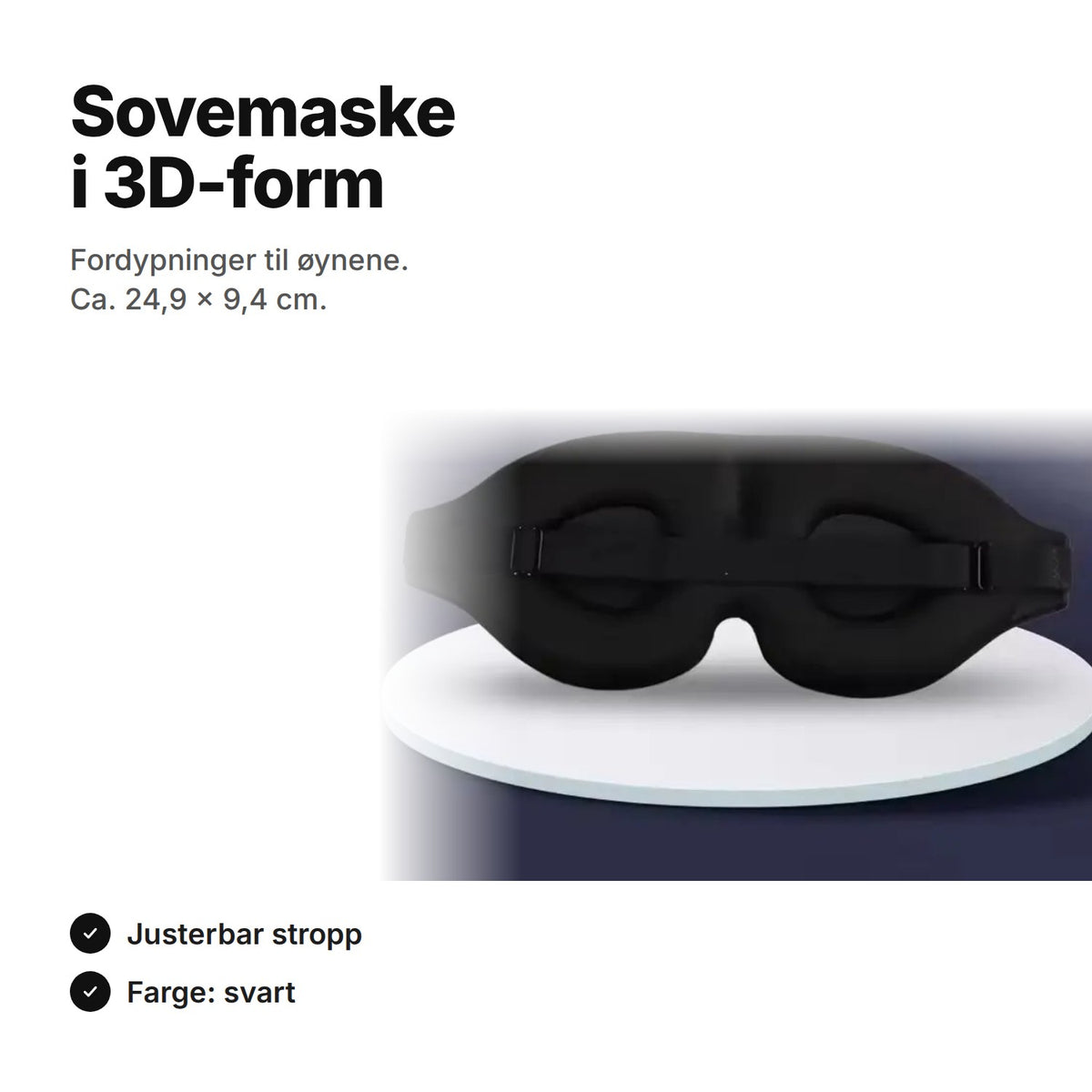 Sovemaske i 3D-form, svart, fordypninger til øynene, ca. 24,9 × 9,4 cm
