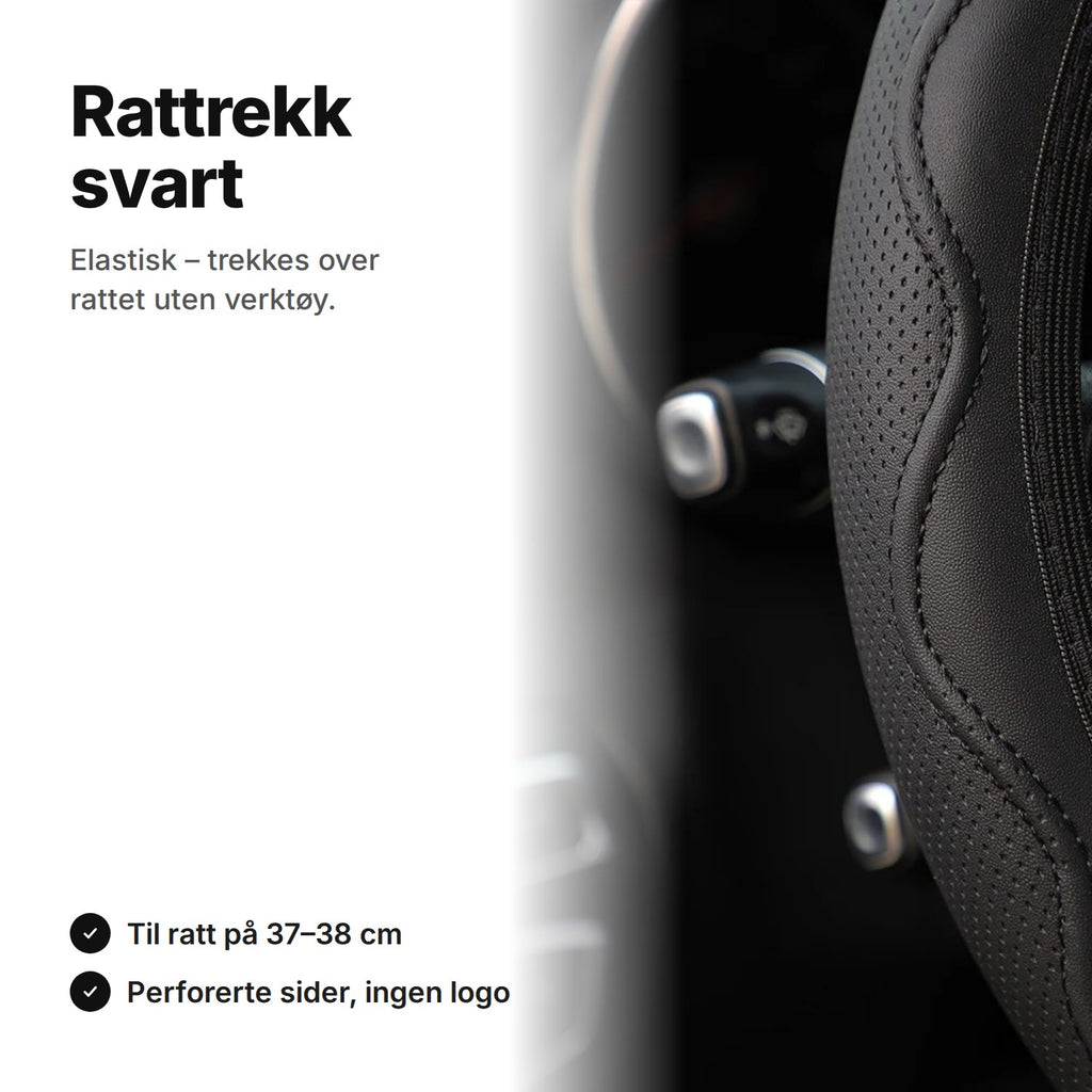 Svart, elastisk rattrekk: perforert side og bølget, hevet søm
