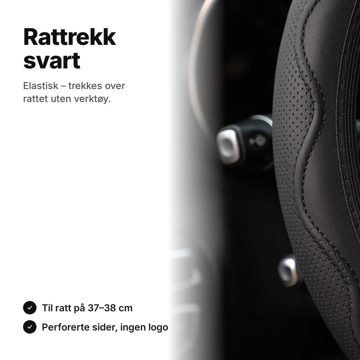 Svart, elastisk rattrekk: perforert side og bølget, hevet søm