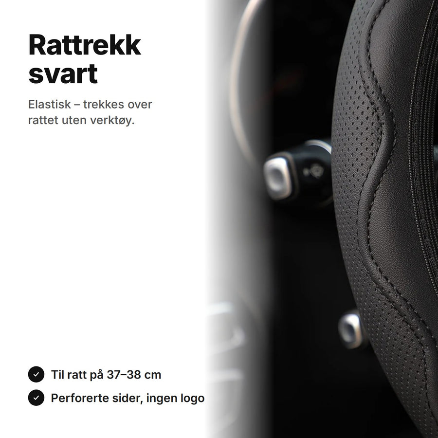 Svart, elastisk rattrekk: perforert side og bølget, hevet søm
