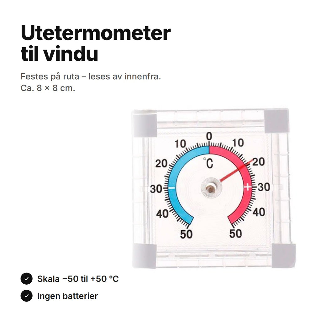 Utetermometer til vindu – festes på ruta og leses av innenfra; skala −50 til +50 °C, ingen batterier, ca. 8 × 8 cm