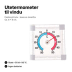 Utetermometer til vindu – festes på ruta og leses av innenfra; skala −50 til +50 °C, ingen batterier, ca. 8 × 8 cm