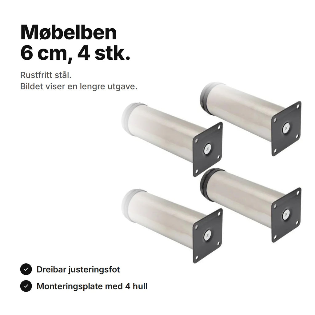 Møbelben 6 cm, 4 stk. i rustfritt stål med justeringsfot og monteringsplate – bildet viser en lengre utgave