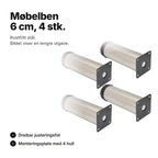 Møbelben 6 cm, 4 stk. i rustfritt stål med justeringsfot og monteringsplate – bildet viser en lengre utgave
