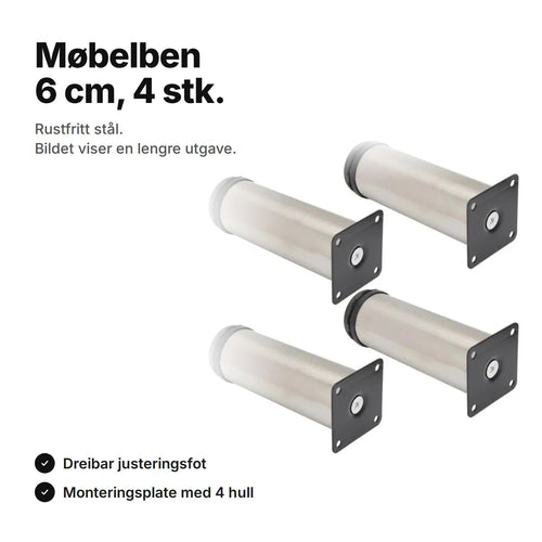 Møbelben 6 cm, 4 stk. i rustfritt stål med justeringsfot og monteringsplate – bildet viser en lengre utgave