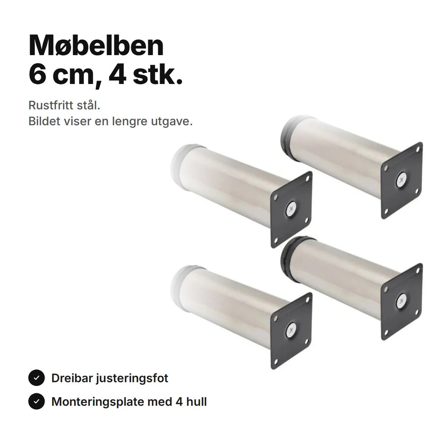 Møbelben 6 cm, 4 stk. i rustfritt stål med justeringsfot og monteringsplate – bildet viser en lengre utgave