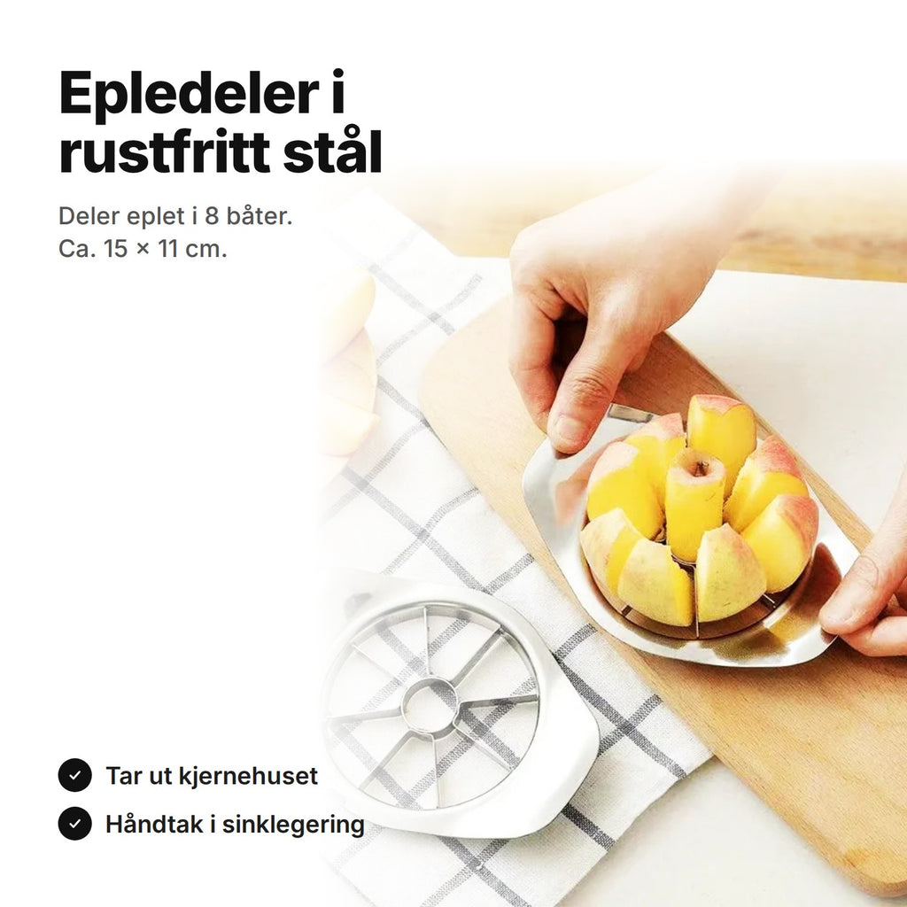 Epledeler i rustfritt stål presses ned over et eple – deler i 8 båter, ca. 15 × 11 cm