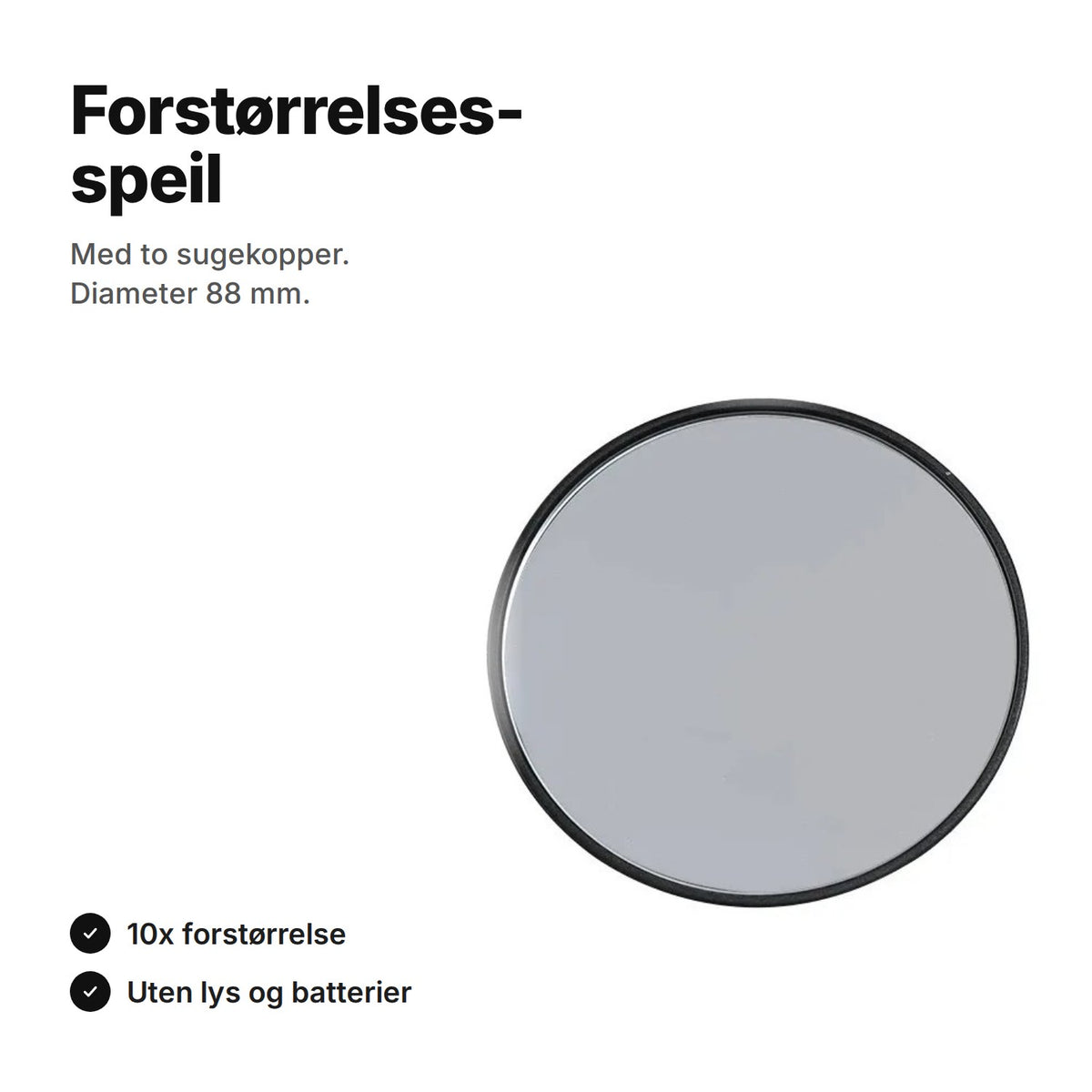 Forstørrelsesspeil med sugekopp, svart kant, diameter 88 mm