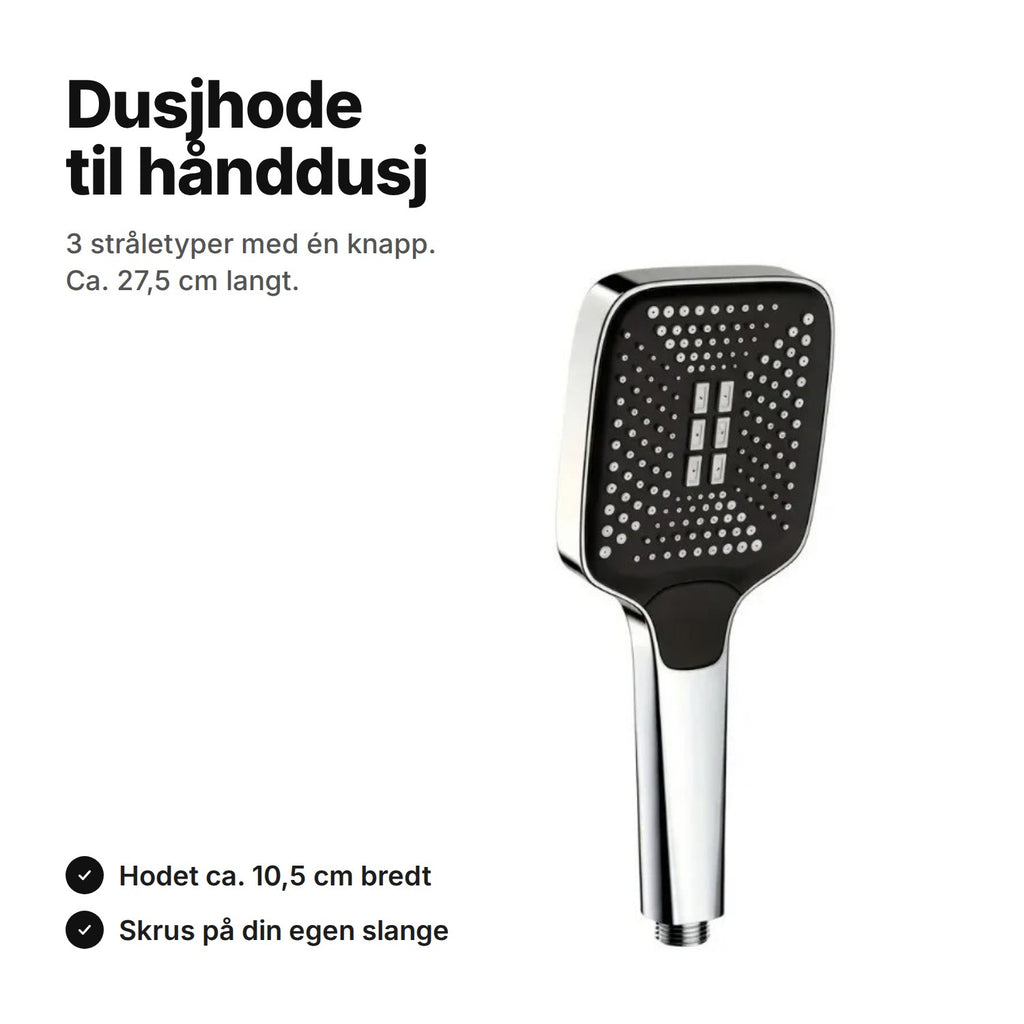 Firkantet dusjhode til hånddusj, kromfarget og svart, ca. 27,5 cm langt