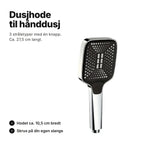 Firkantet dusjhode til hånddusj, kromfarget og svart, ca. 27,5 cm langt