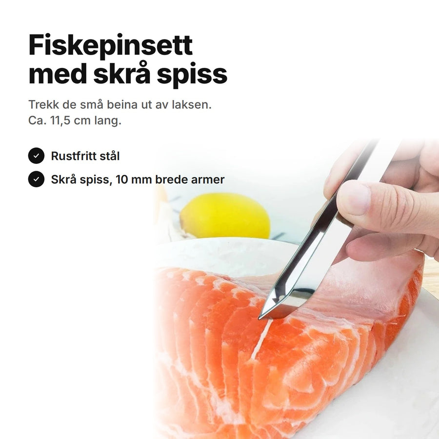 Fiskepinsett med skrå spiss i rustfritt stål trekker et bein ut av en laksefilet – ca. 11,5 cm lang