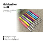Heklenåler i sett med 9 størrelser fra 2,0 til 6,0 mm og mykt grep, ca. 14 cm lange
