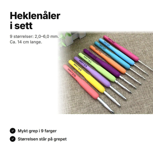 Heklenåler i sett med 9 størrelser fra 2,0 til 6,0 mm og mykt grep, ca. 14 cm lange