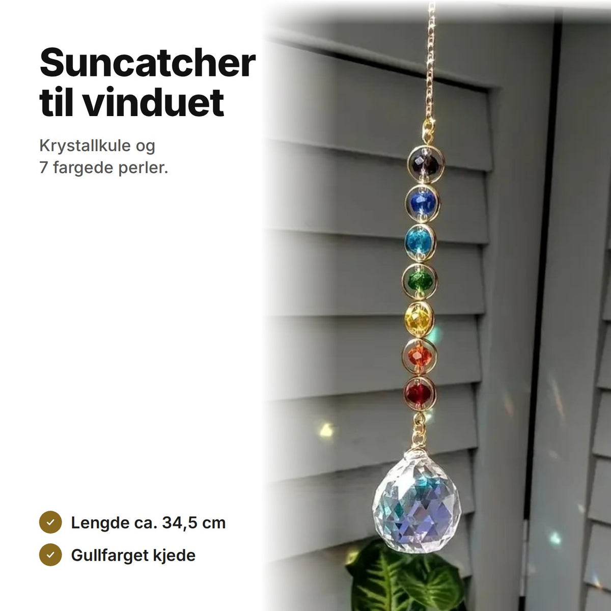 Suncatcher med krystallkule og 7 fargede perler, ca. 34,5 cm lang, gullfarget kjede