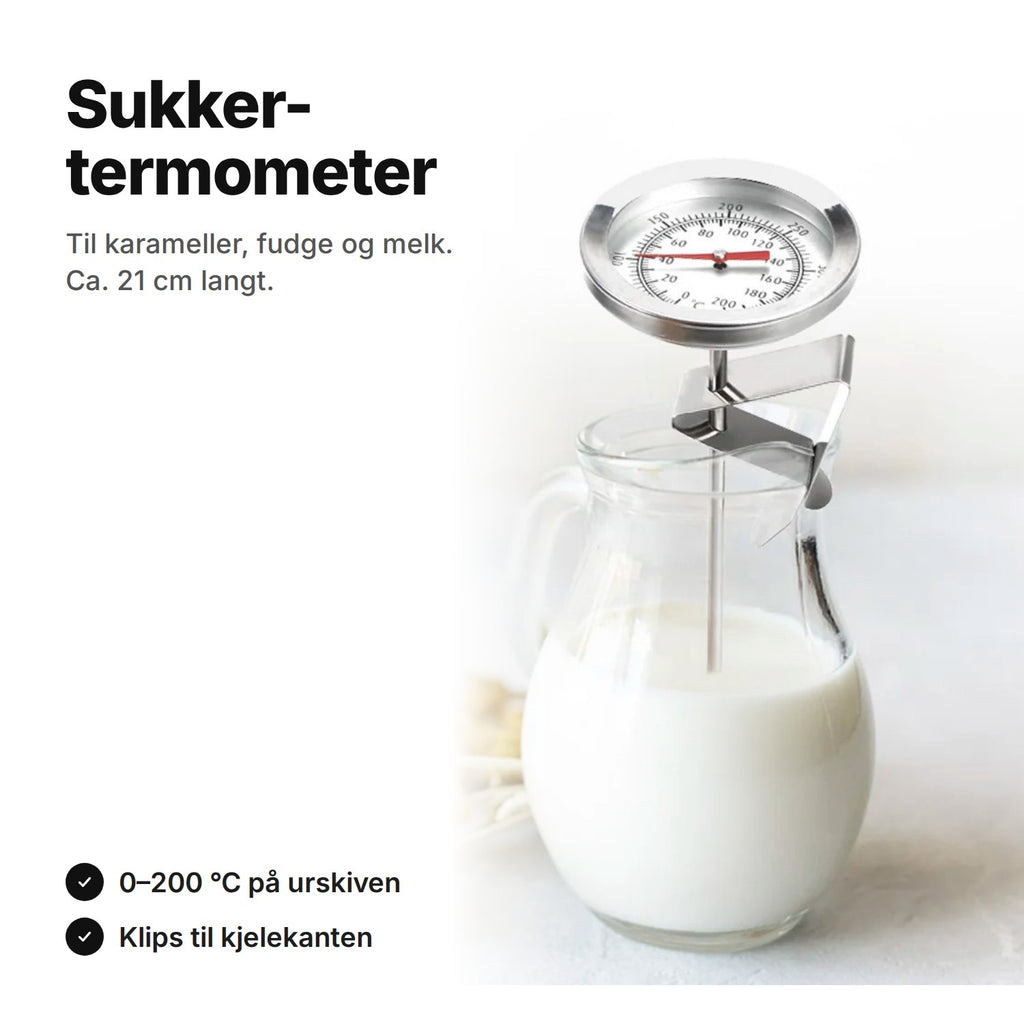 Sukkertermometer med urskive 0–200 °C og klips til kjelekanten, ca. 21 cm