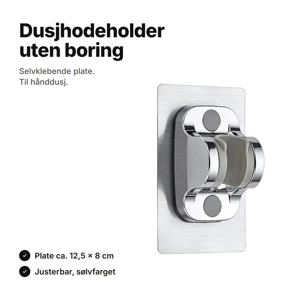 Selvklebende dusjhodeholder i sølvfarge til hånddusj – plate ca. 12,5 × 8 cm, ingen boring