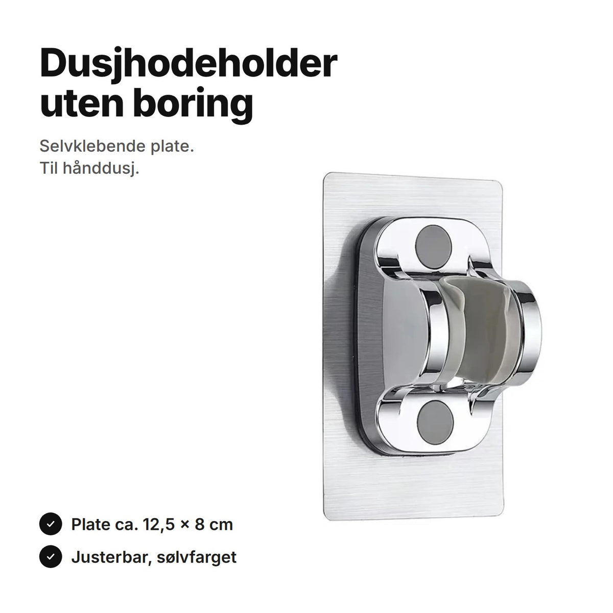 Selvklebende dusjhodeholder i sølvfarge til hånddusj – plate ca. 12,5 × 8 cm, ingen boring