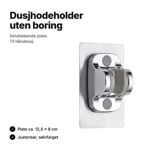 Selvklebende dusjhodeholder i sølvfarge til hånddusj – plate ca. 12,5 × 8 cm, ingen boring