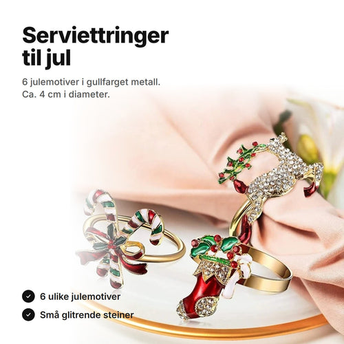 Serviettringer til jul i gullfarget metall med sukkerstenger, julestrømpe og reinsdyr ved en rosa serviett – Ø ca. 4 cm, 6 motiver