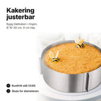 Justerbar kakering i rustfritt stål rundt en kake på et kakefat – Ø ca. 16–30 cm og 6 cm høy
