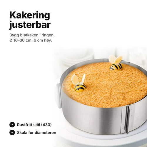 Justerbar kakering i rustfritt stål rundt en kake på et kakefat – Ø ca. 16–30 cm og 6 cm høy