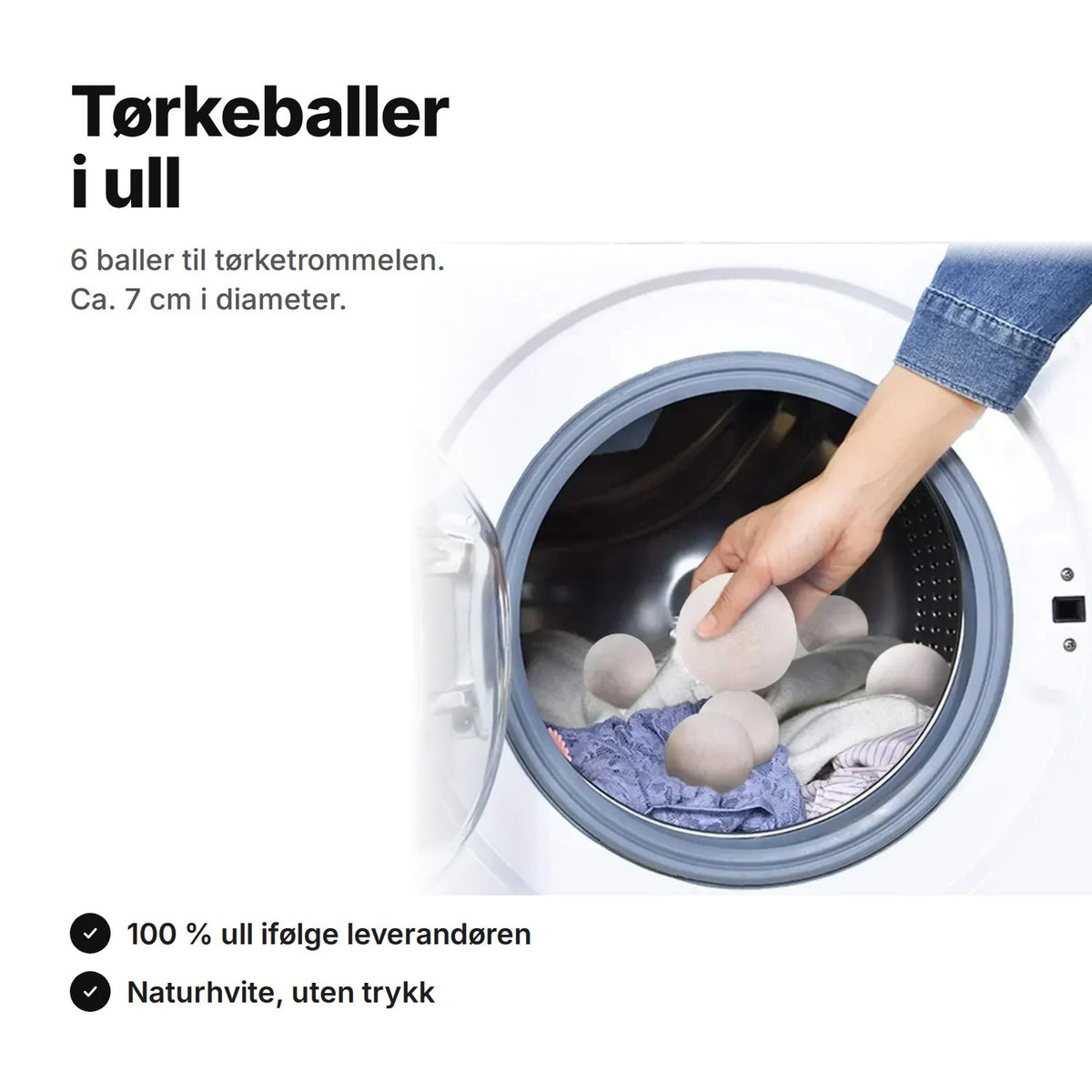 Tørkeballer i ull, 6 naturhvite baller til tørketrommelen, Ø ca. 7 cm