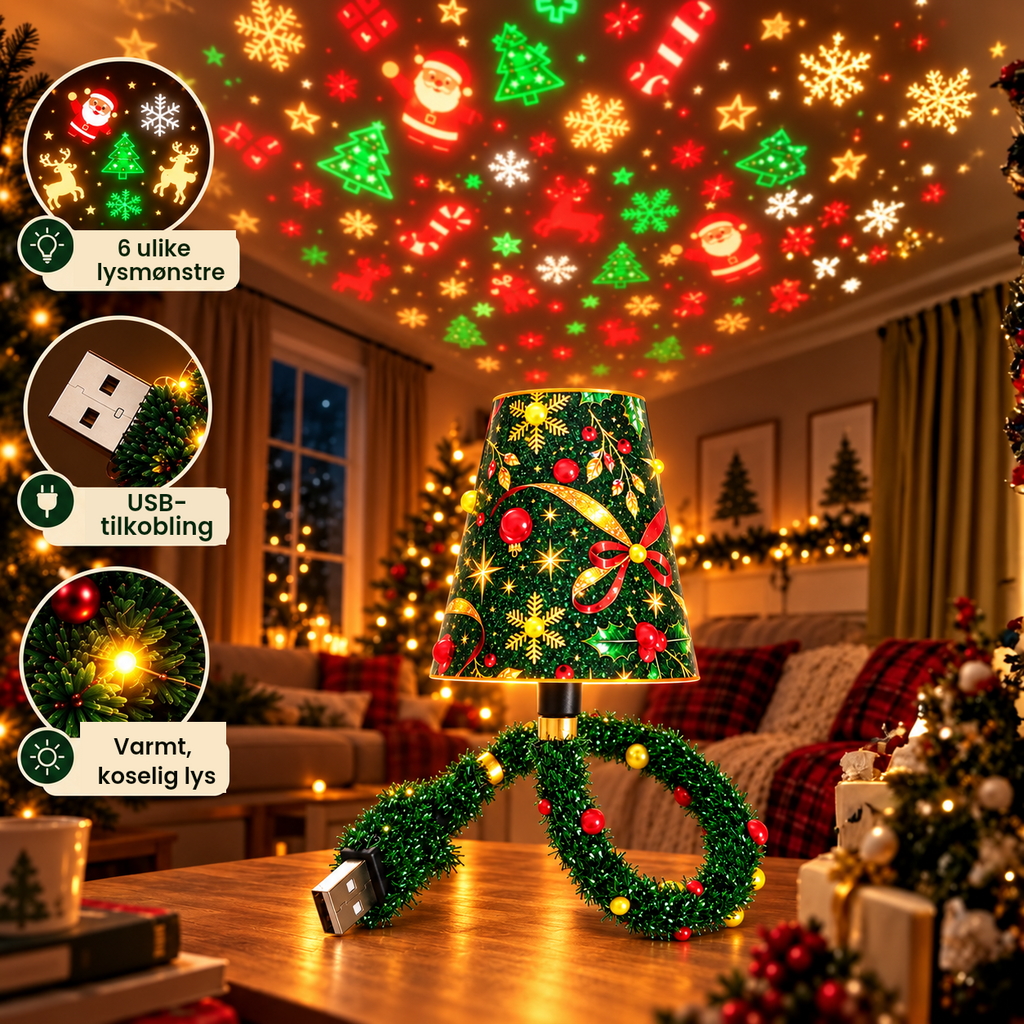 Juletre-projektorlampe – 6 julemotiver med USB