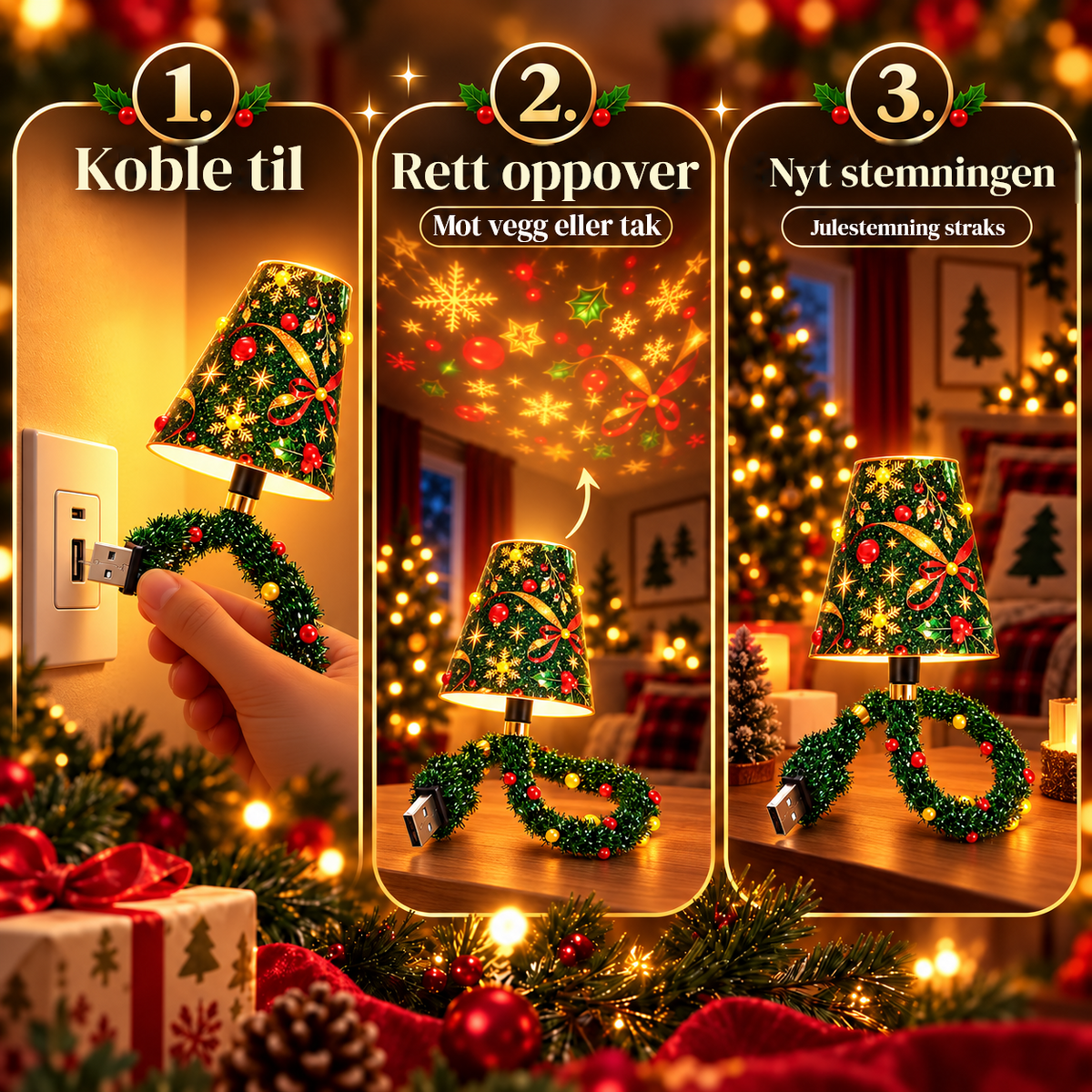 Juletre-projektorlampe – 6 julemotiver med USB