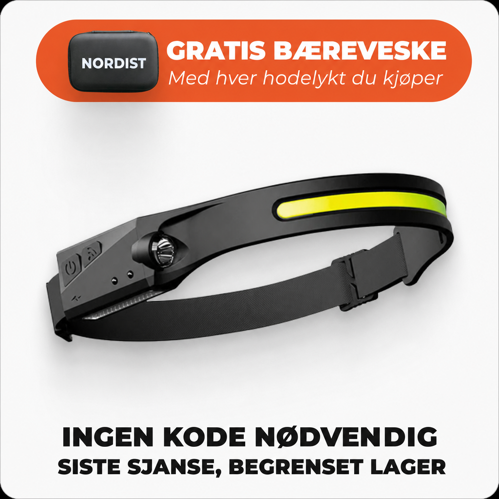 NORDIST LED Hodelykt – 230° vidvinkel, oppladbar COB