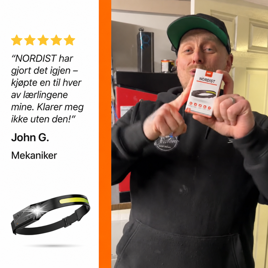 NORDIST LED Hodelykt – 230° vidvinkel, oppladbar COB