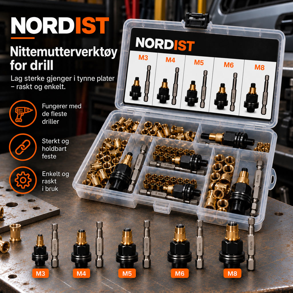 Nittemuttersett for drill – sterke gjenger i tynne plater på sekunder