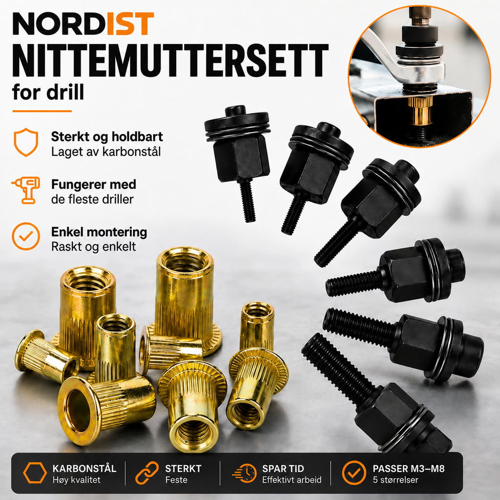 Nittemuttersett for drill – sterke gjenger i tynne plater på sekunder