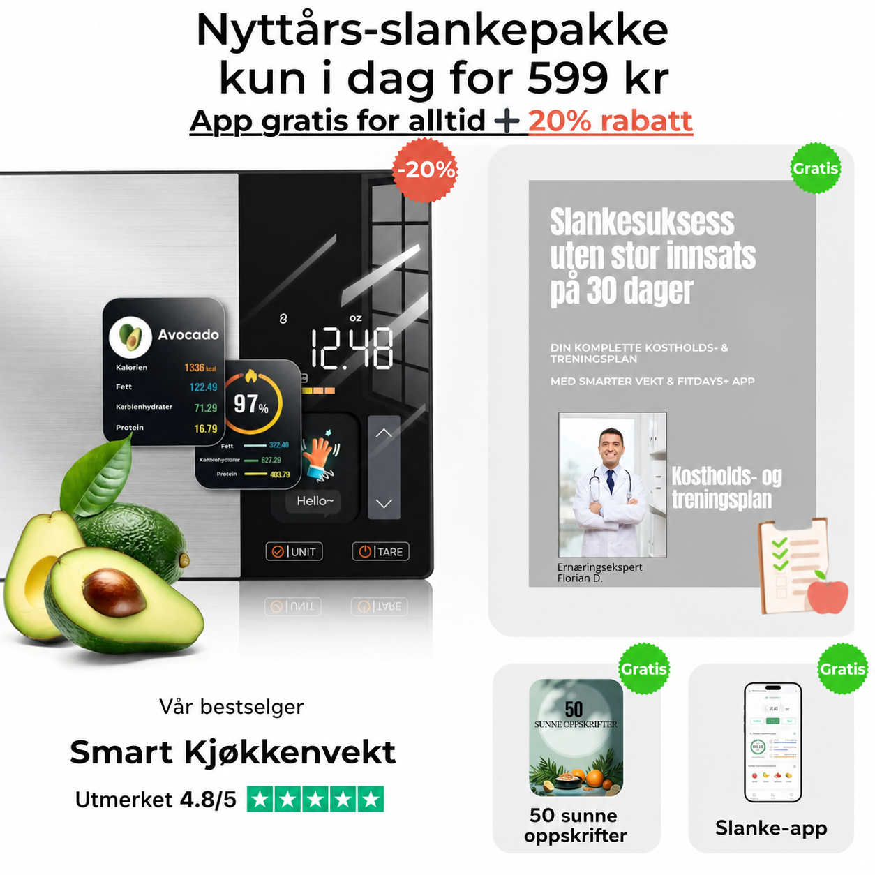 NORDIST Smart Kjøkkenvekt med Næringsanalyse
